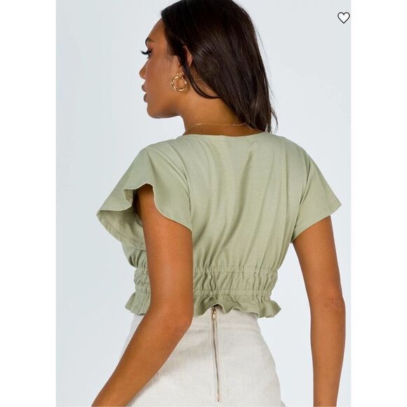 princess polly jamison reid crop top khaki green tie front plunge neck ruffle 8 - Picture 3 of 10
